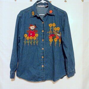 Vintage Passports Applique Denim Button-Up Shirt Oversized S Y2K Cottagecore